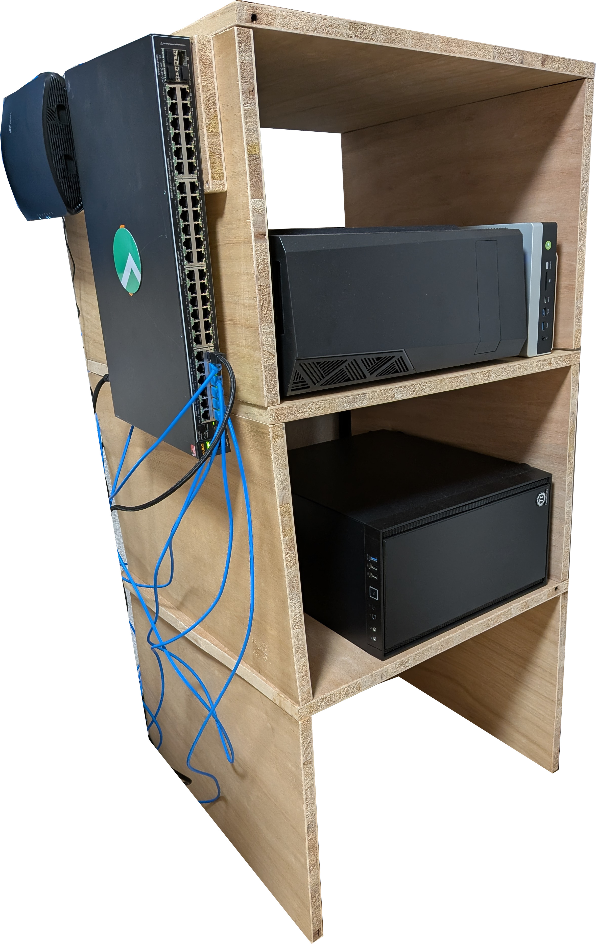 The finished modular PC shelf with the PCs on each layer and the two network switches mounted on the side